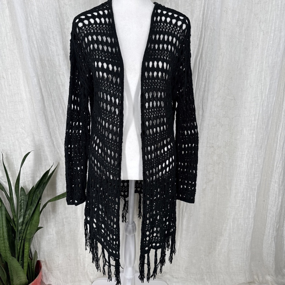 Black Fairy Grunge Crochet Cardigan L Whimsigoth Indie Y2K Witchy Boho Fringe